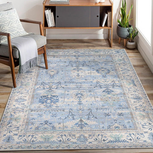 Adiva Rugs Machine Washable 8x10 Area Rug with Non Slip Backing for Living Room, Bedroom, Bathroom, Kitchen, Printed Vintage Home Decor, Floor Decoration Carpet Mat (Blue, 8' x 10')